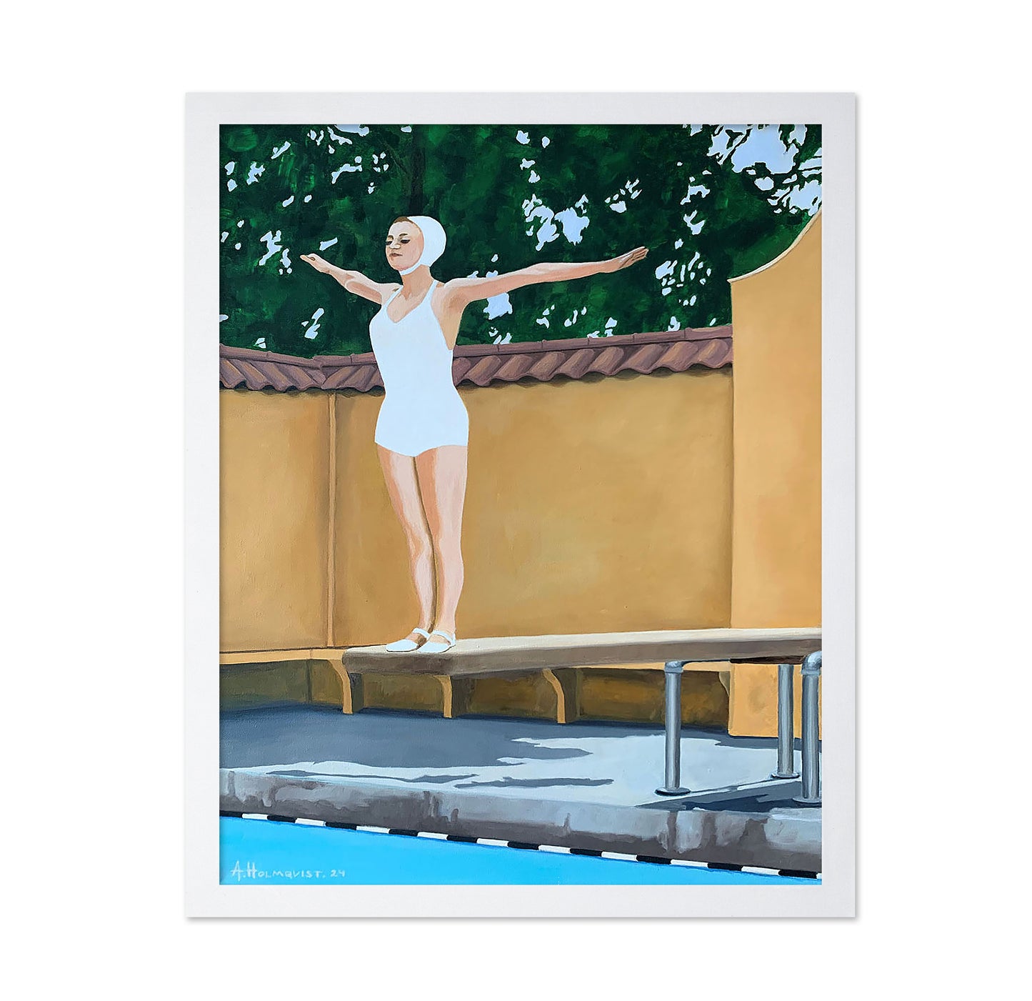 Female Swimmer Poised On A Diving Board