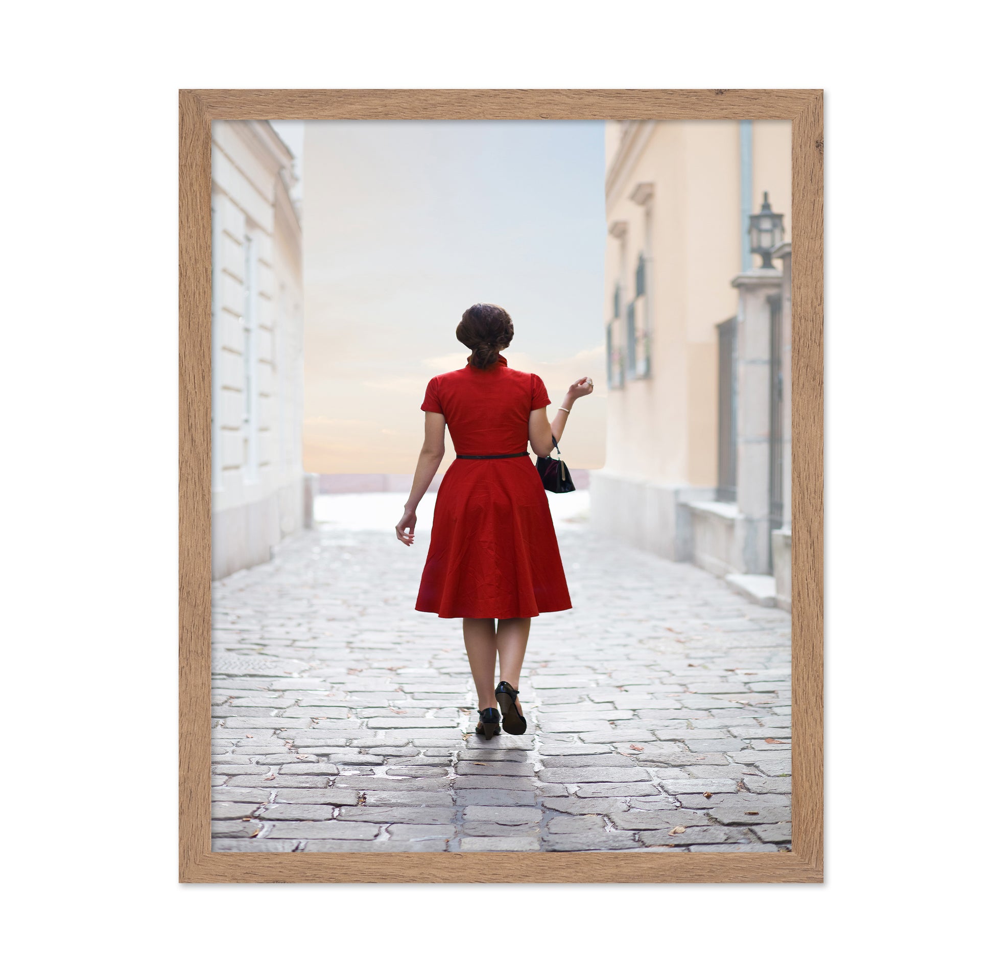 Woman in Red on Cobblestone