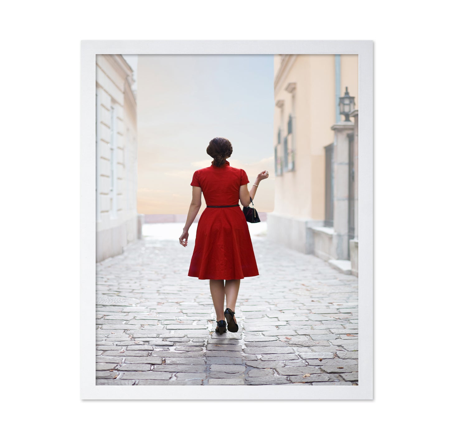 Woman in Red on Cobblestone