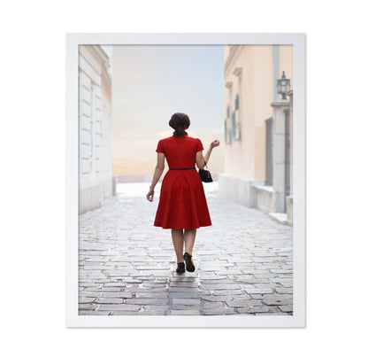 Woman in Red on Cobblestone