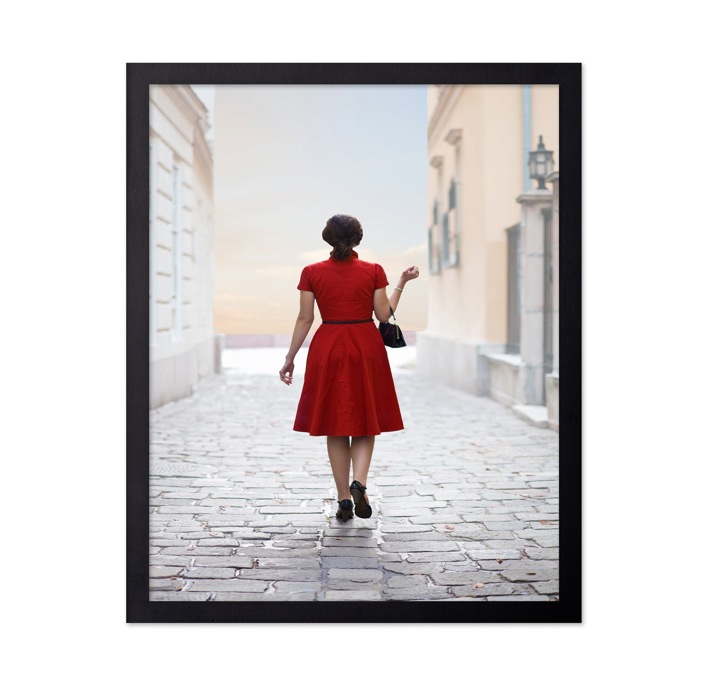 Woman in Red on Cobblestone