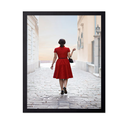 Woman in Red on Cobblestone