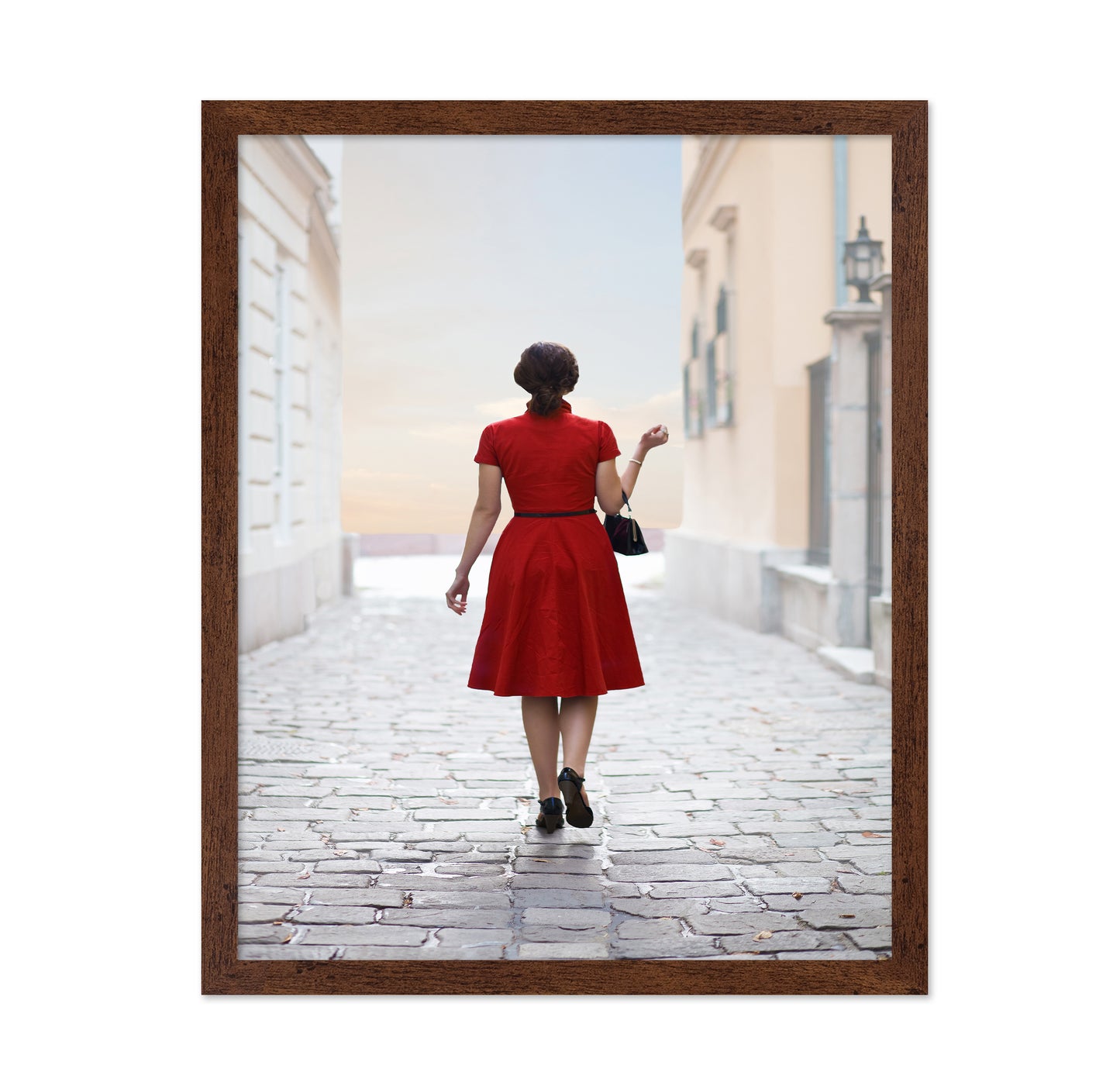 Woman in Red on Cobblestone