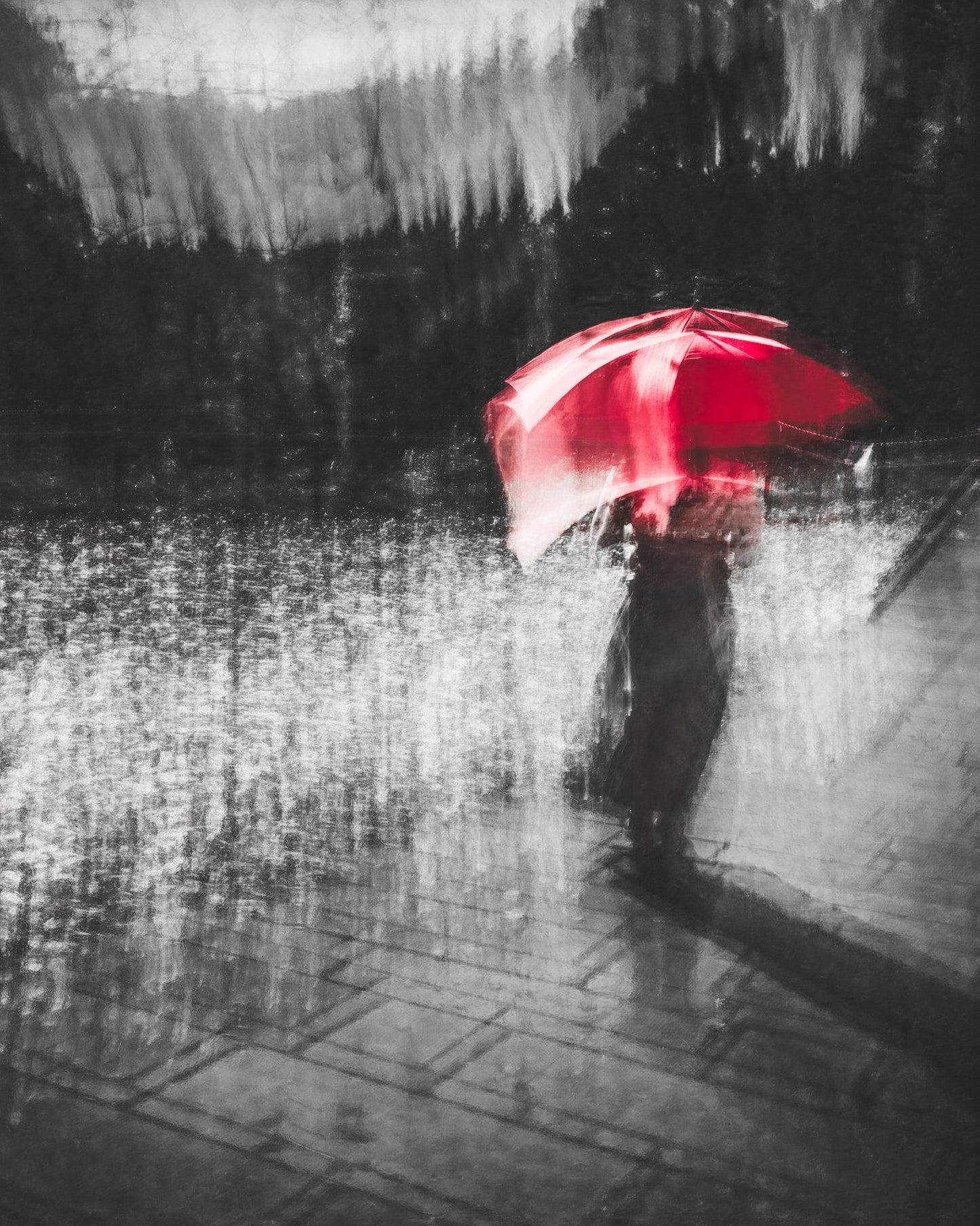 Red Umbrella in Urban Blur