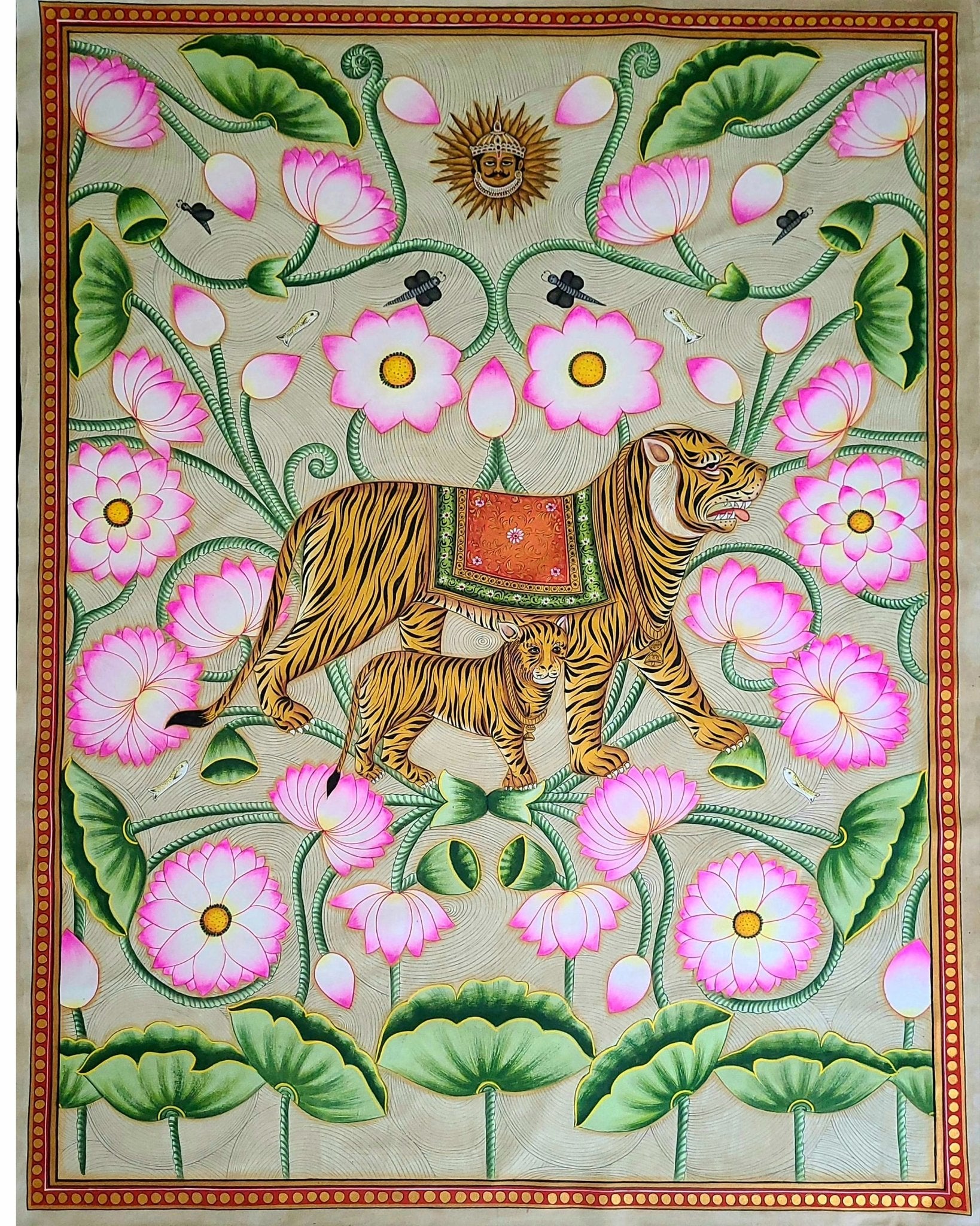 Tiger and Cub in Lotus Pond