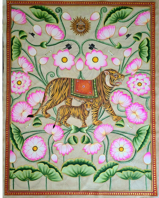 Tiger and Cub in Lotus Pond