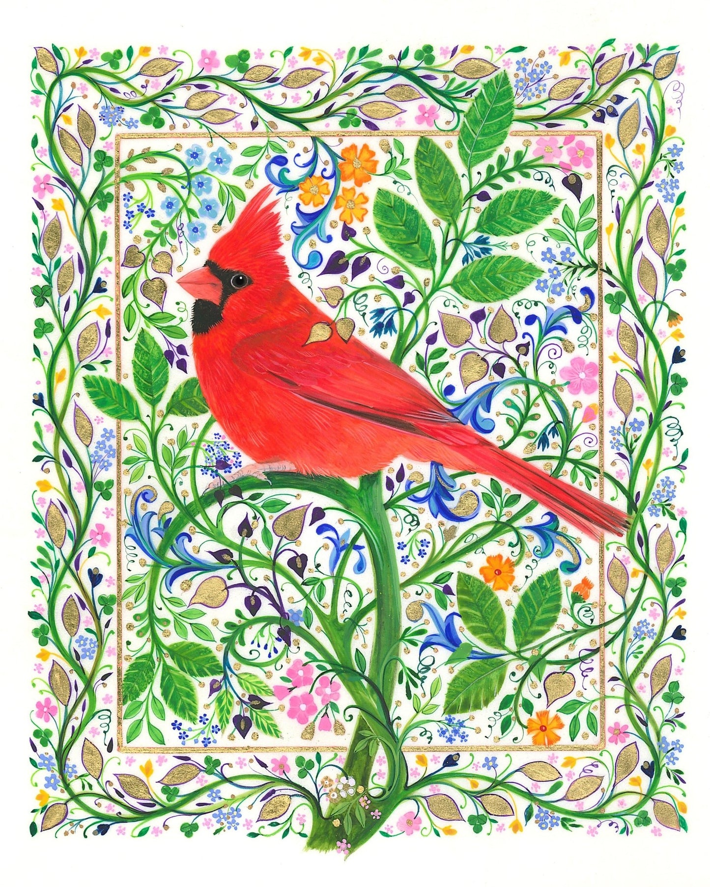 Cardinal Perched On Floral Branches
