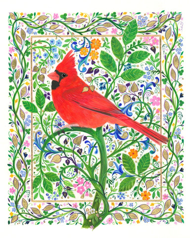 Cardinal Perched On Floral Branches