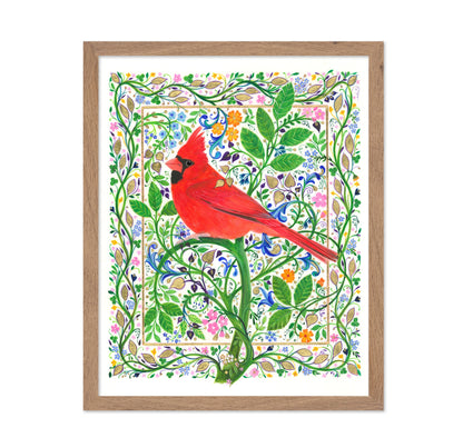 Cardinal Perched On Floral Branches