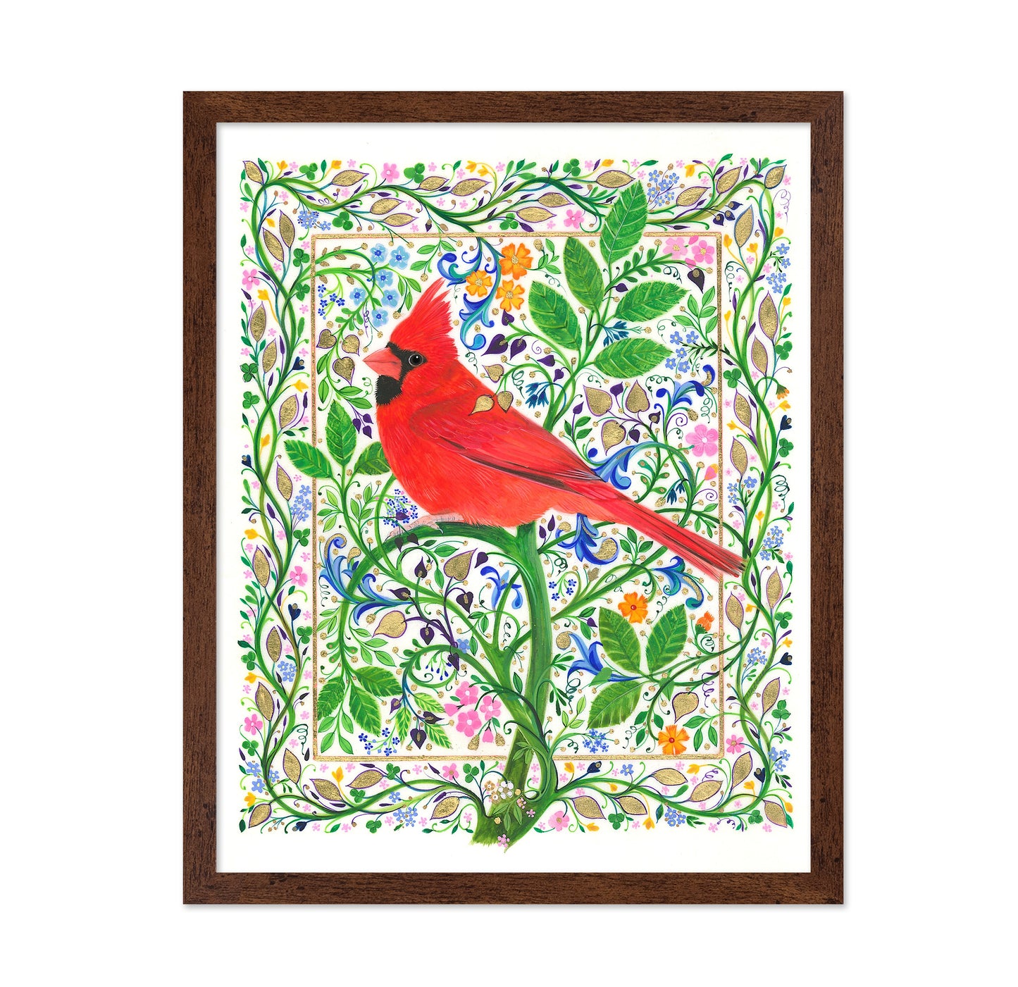 Cardinal Perched On Floral Branches
