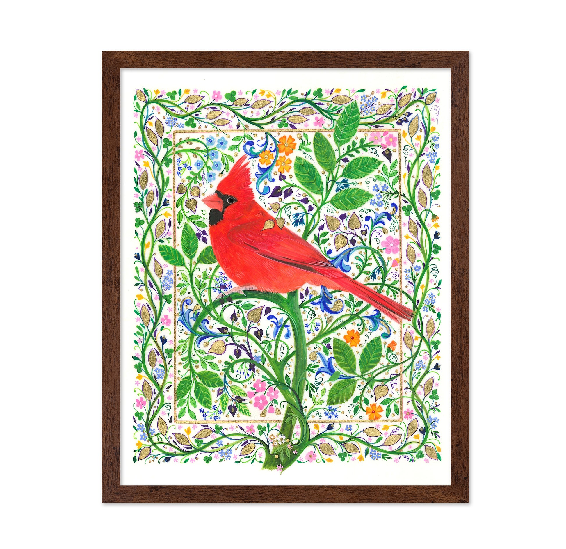 Cardinal Perched On Floral Branches