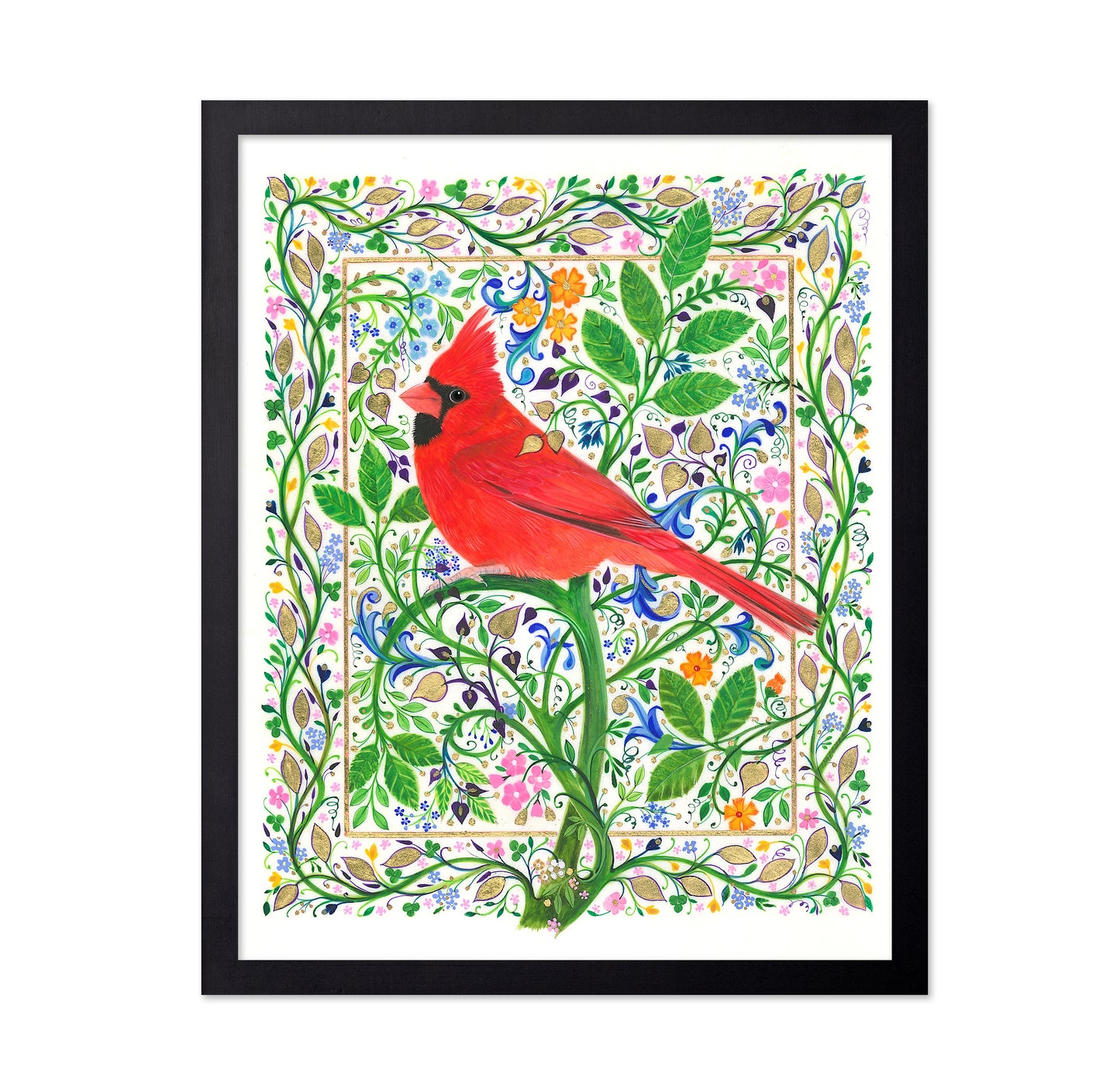 Cardinal Perched On Floral Branches