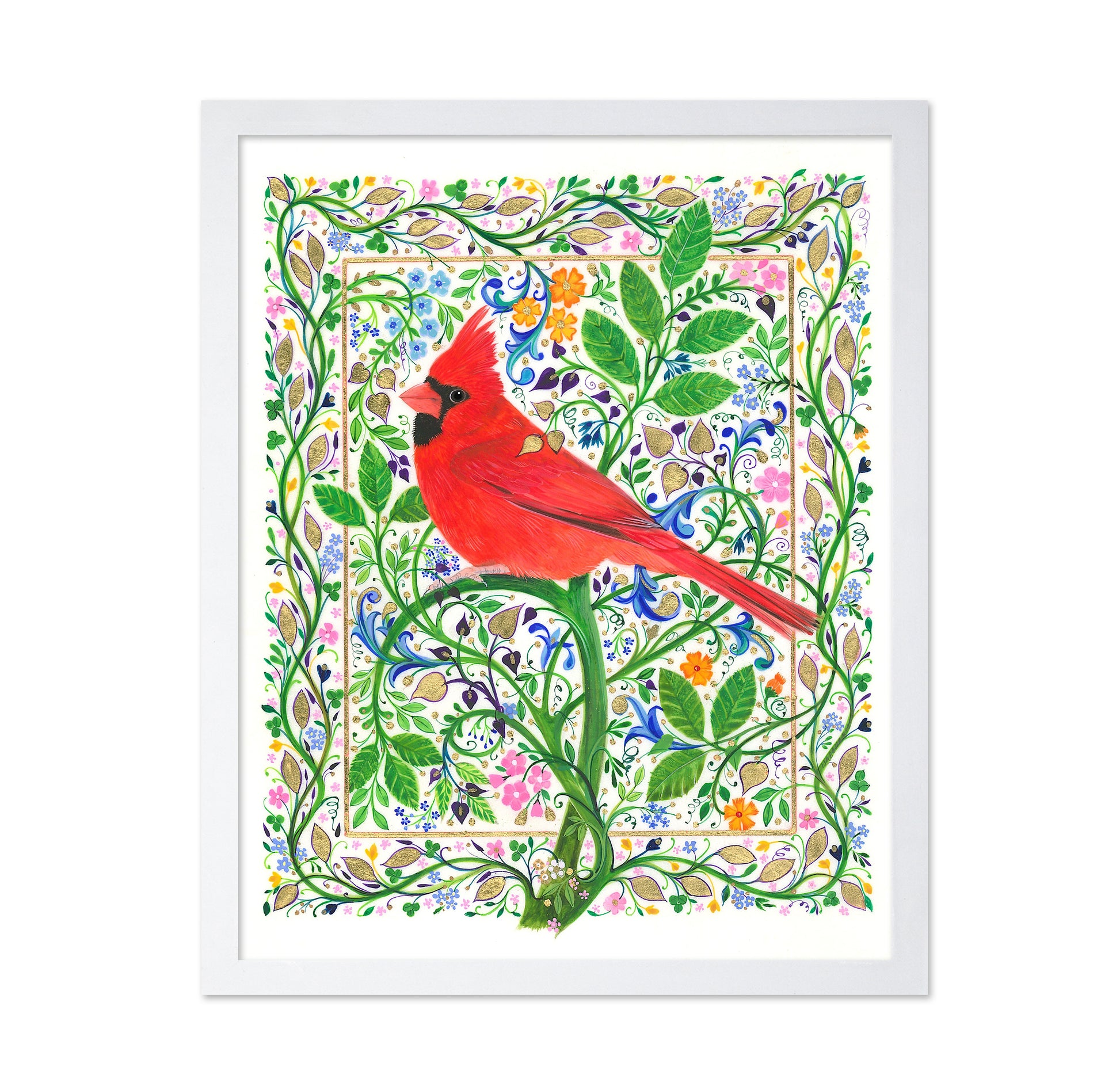 Cardinal Perched On Floral Branches