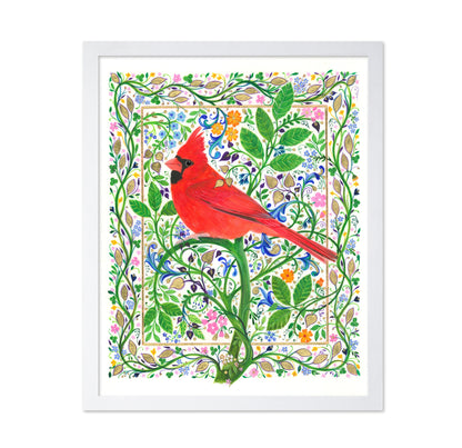 Cardinal Perched On Floral Branches