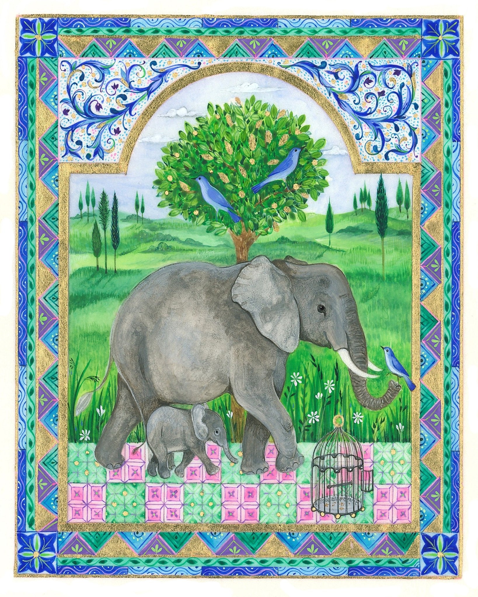 Elephants and Birds in a Landscape