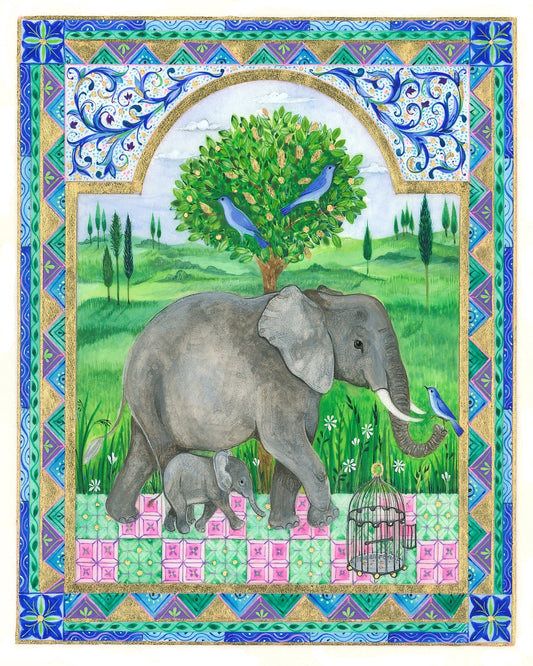 Elephants and Birds in a Landscape