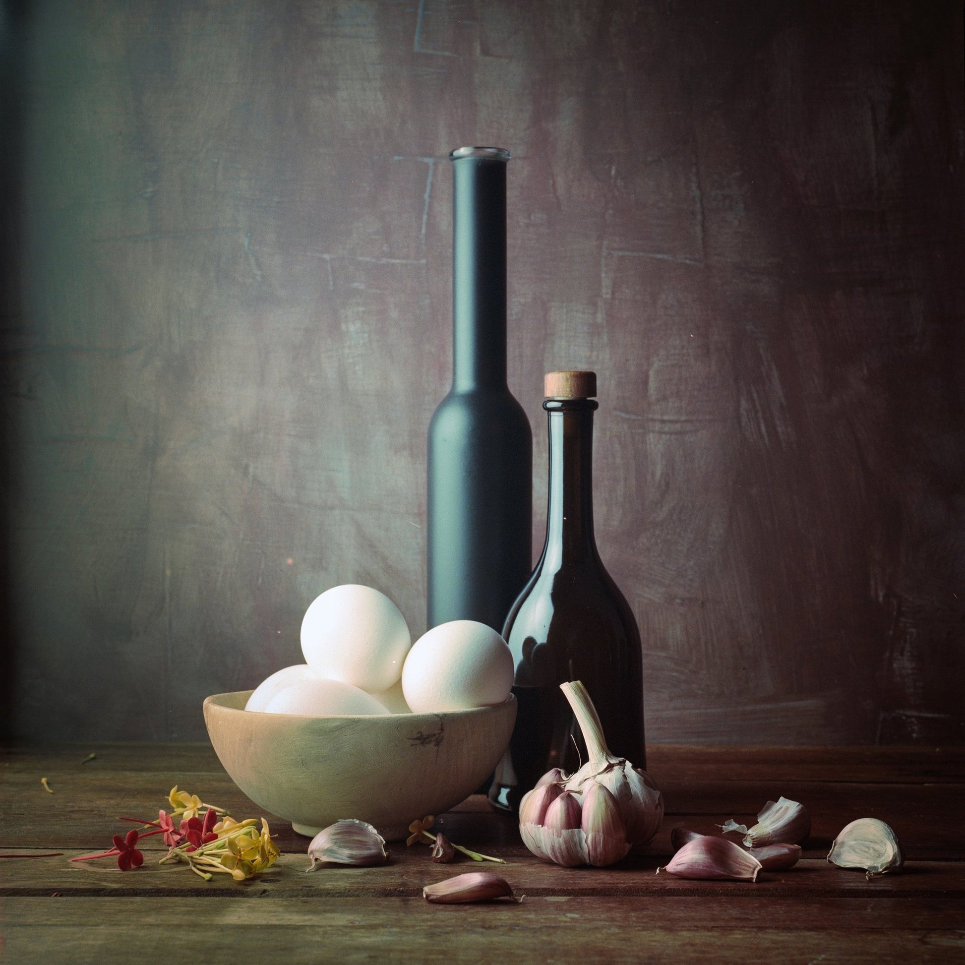 Kitchen Eggs and Bottles Still Life