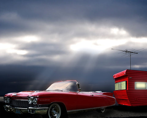 Red Cadillac Travel Trailer Road Trip
