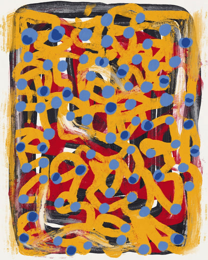 Yellow Dotted Line Art Abstract Blue Polka Dot