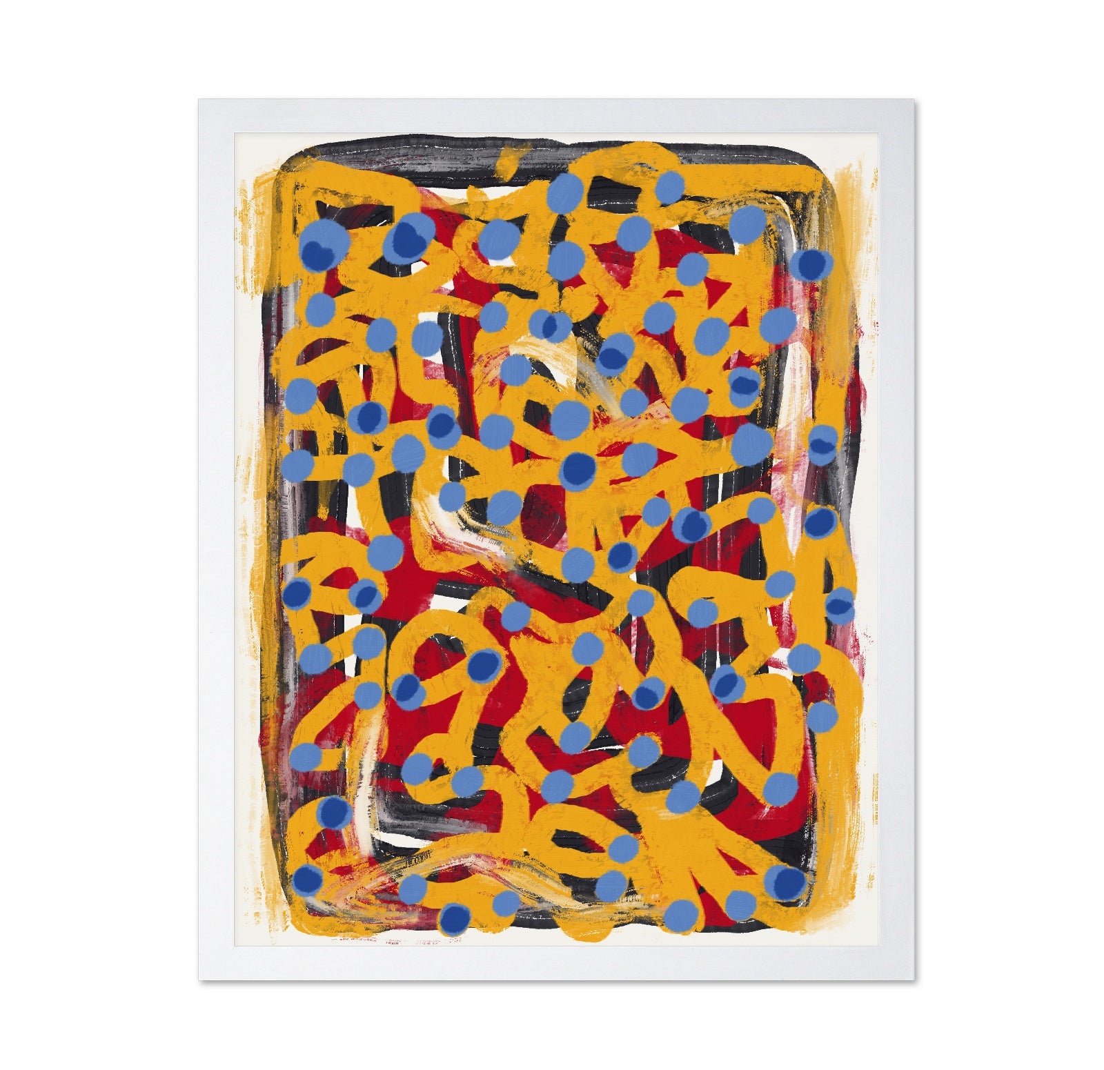 Yellow Dotted Line Art Abstract Blue Polka Dot