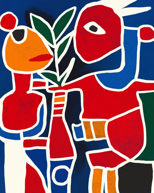 Two Colorful Figures Holding A Plant
