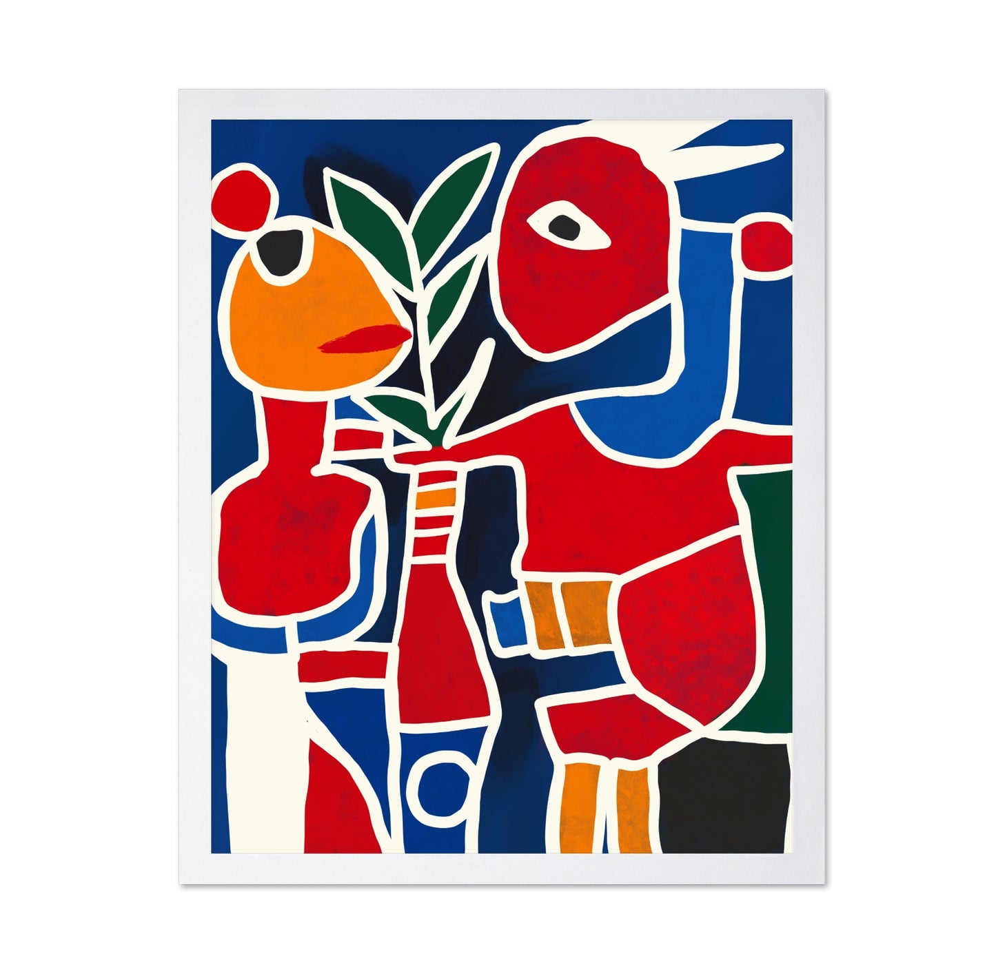 Two Colorful Figures Holding A Plant
