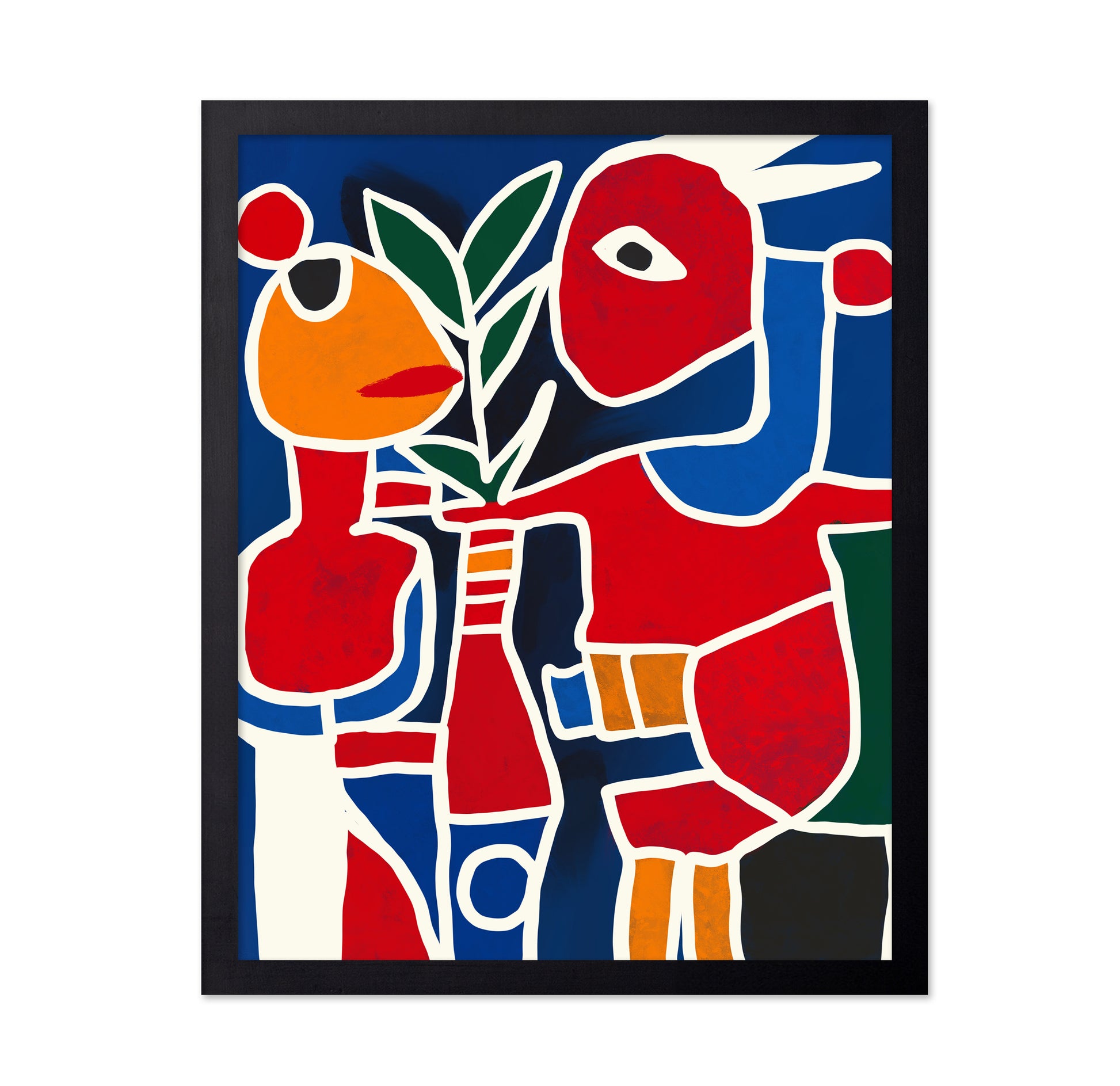 Two Colorful Figures Holding A Plant