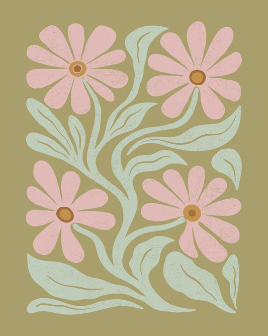 Abstract Flowers Pink and Green