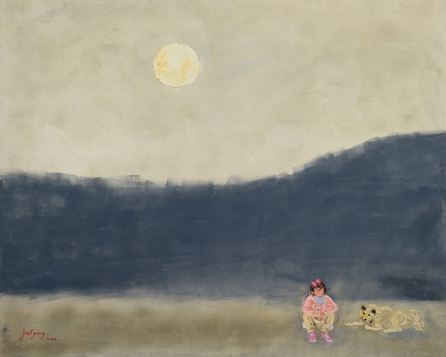 Girl and Dog Under Moonlight