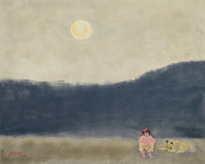 Girl and Dog Under Moonlight
