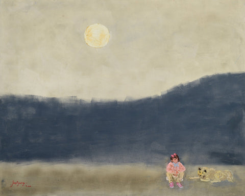 Girl and Dog Under Moonlight