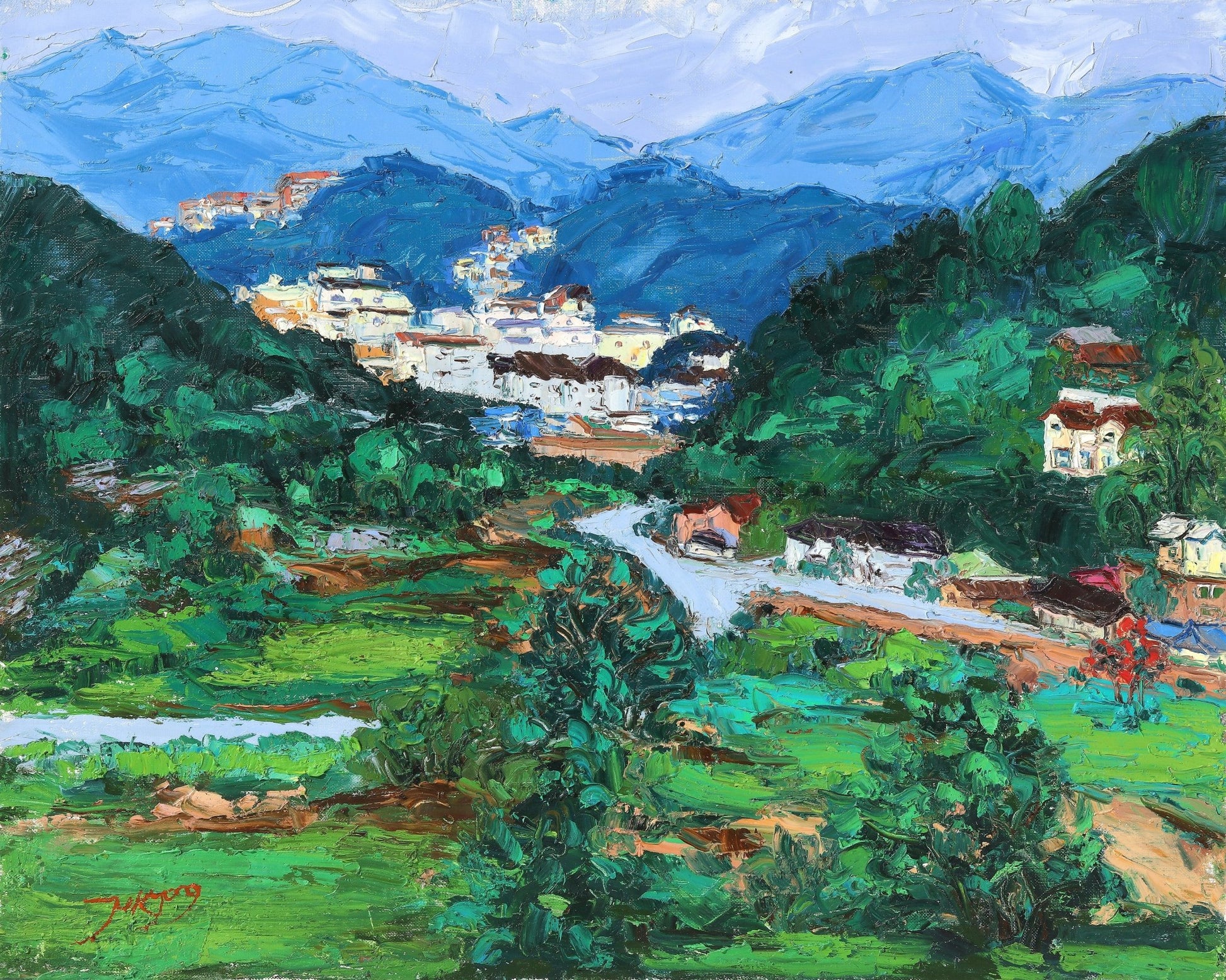 Serene Mountain Village Landscape