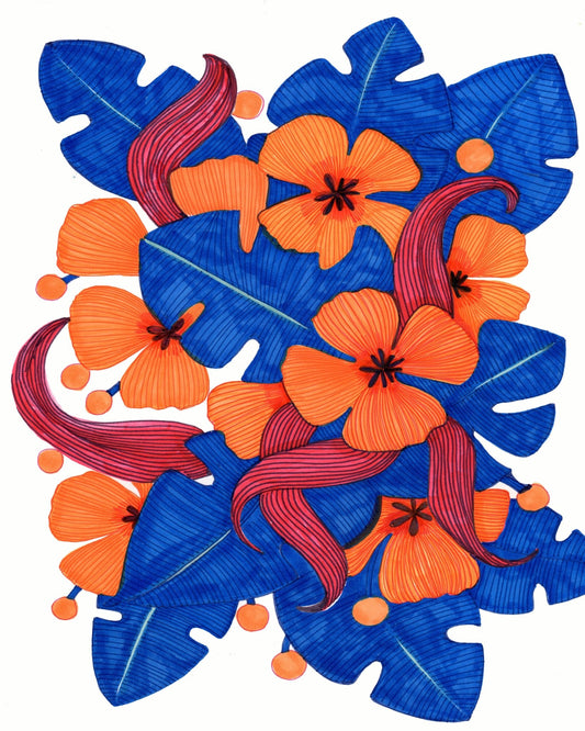 Hawaiian Orange and Blue Florals