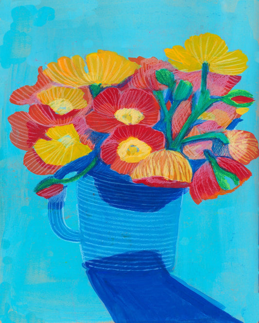 A Colorful Bouquet in a Blue Pitcher
