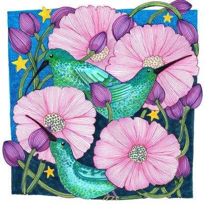 Whimsical Hummingbirds Among Blossoms