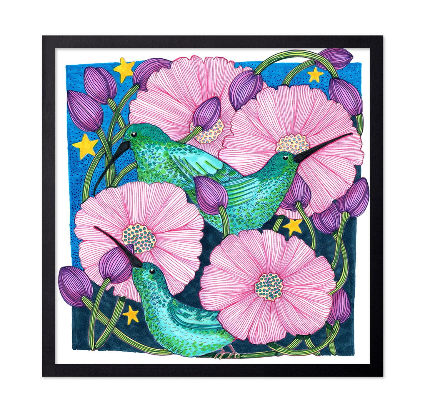 Whimsical Hummingbirds Among Blossoms