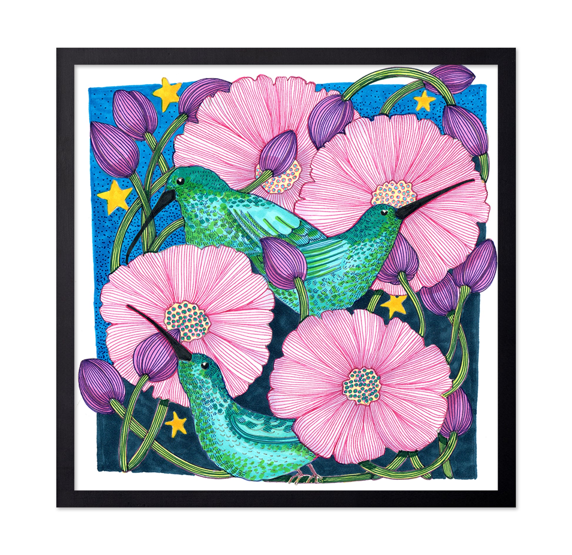 Whimsical Hummingbirds Among Blossoms
