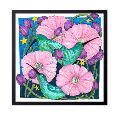 Whimsical Hummingbirds Among Blossoms