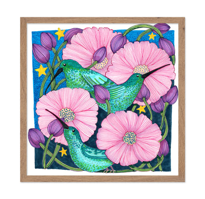 Whimsical Hummingbirds Among Blossoms