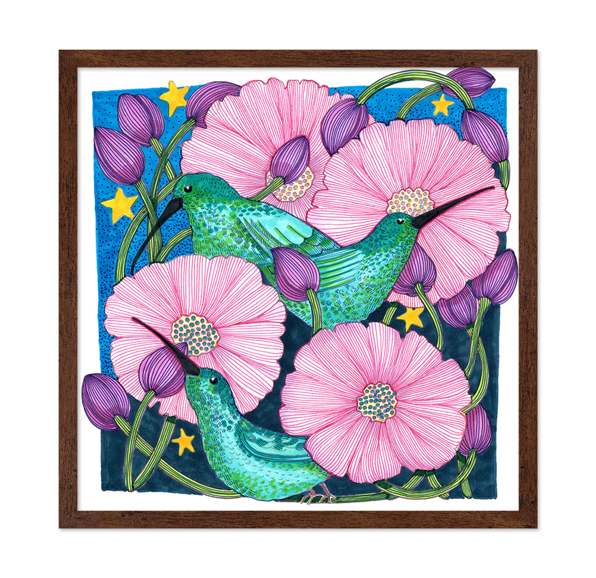 Whimsical Hummingbirds Among Blossoms