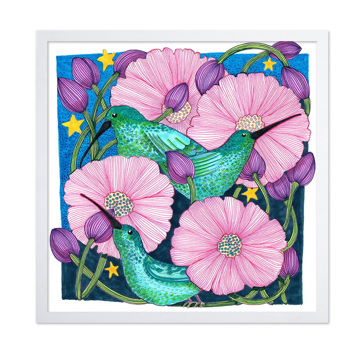 Whimsical Hummingbirds Among Blossoms