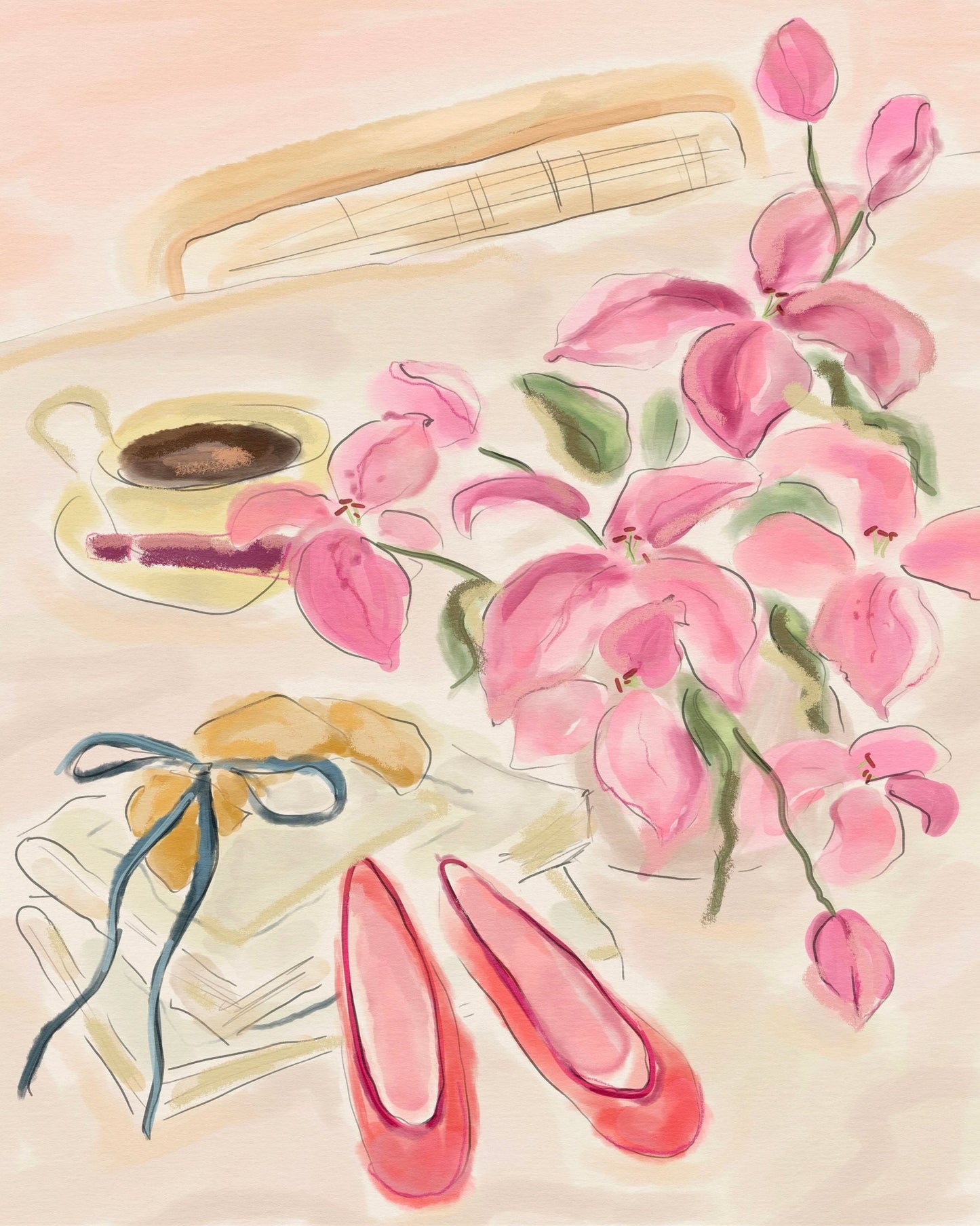 Still Life Watercolor Illustration with Ballerinas