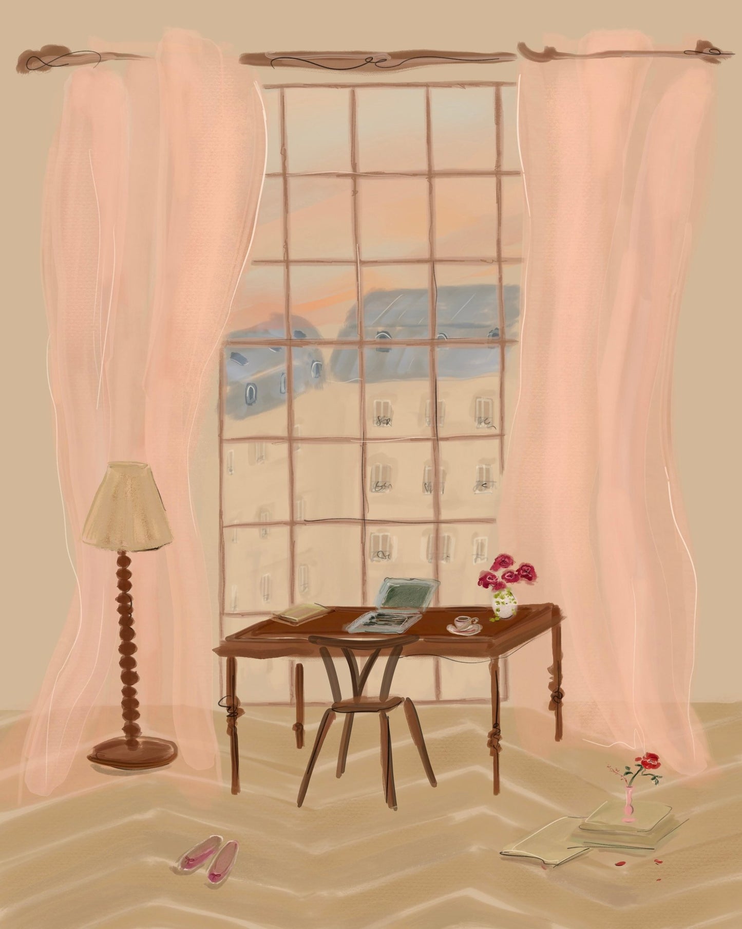 Paris Window View Illustration with Rustic Desk
