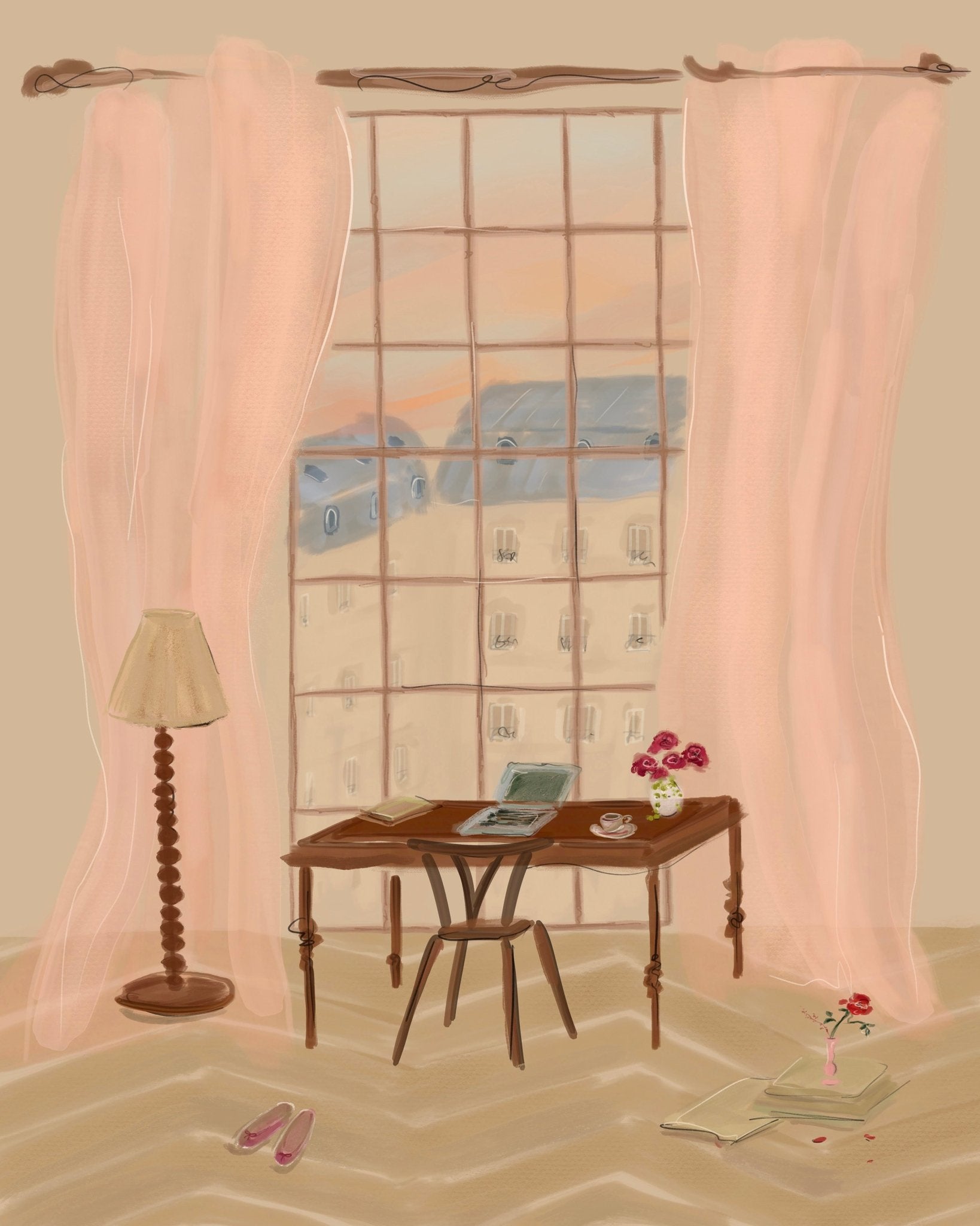 Paris Window View Illustration with Rustic Desk