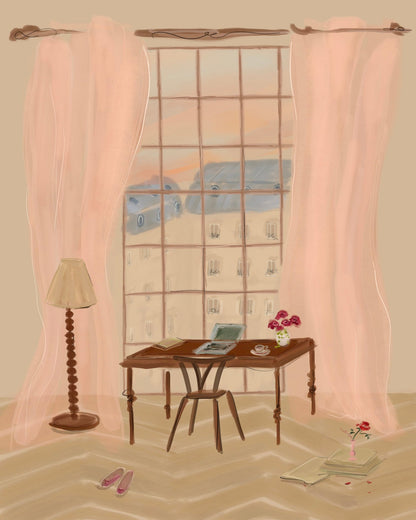 Paris Window View Illustration with Rustic Desk