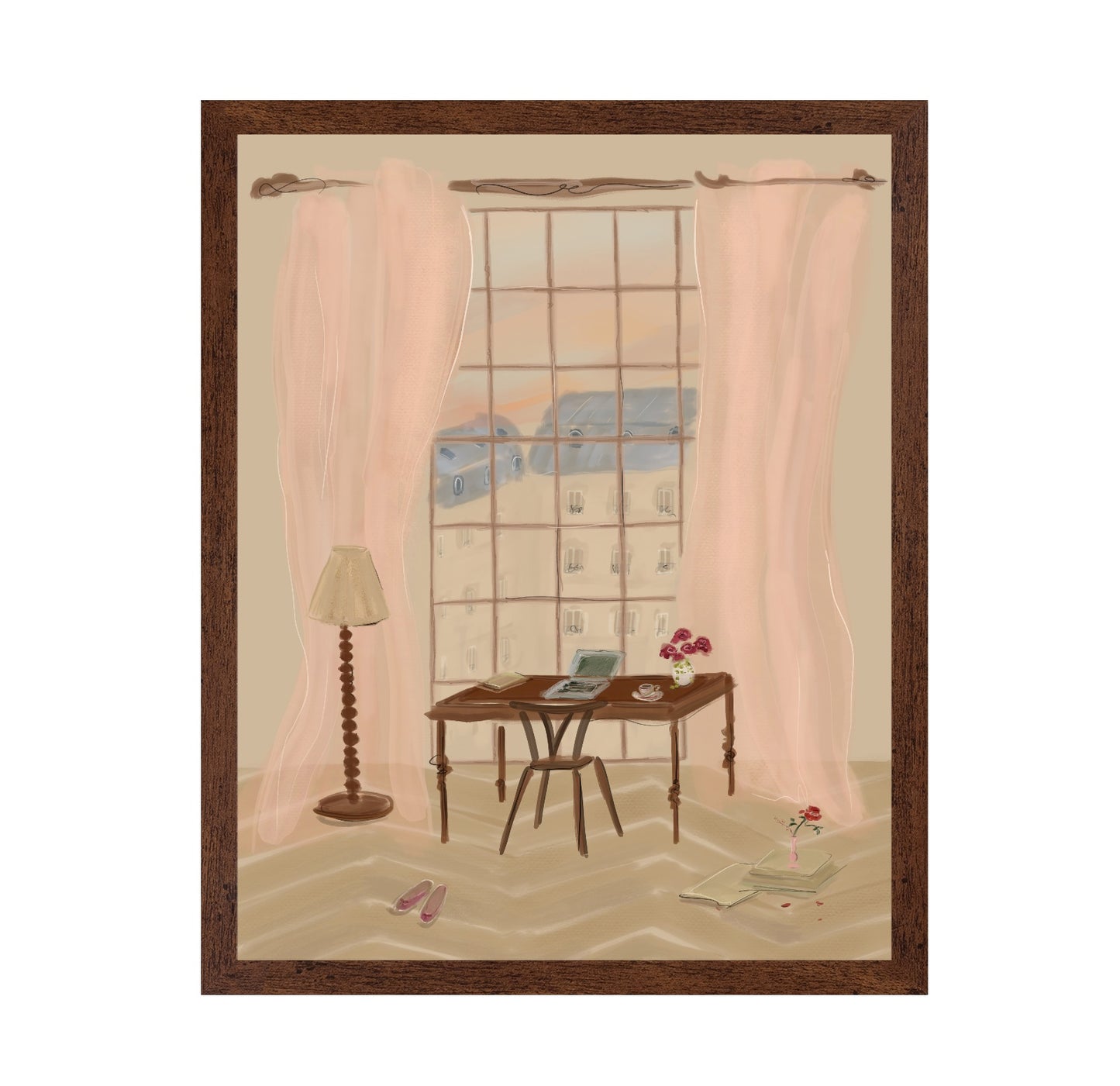 Paris Window View Illustration with Rustic Desk