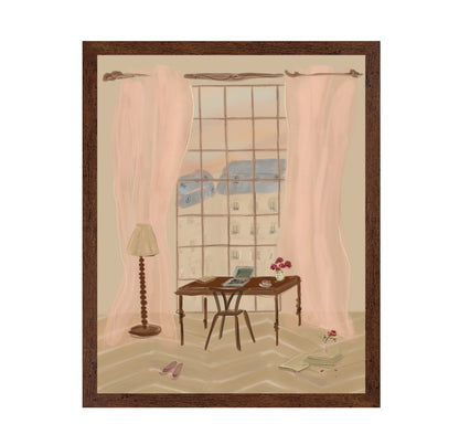 Paris Window View Illustration with Rustic Desk