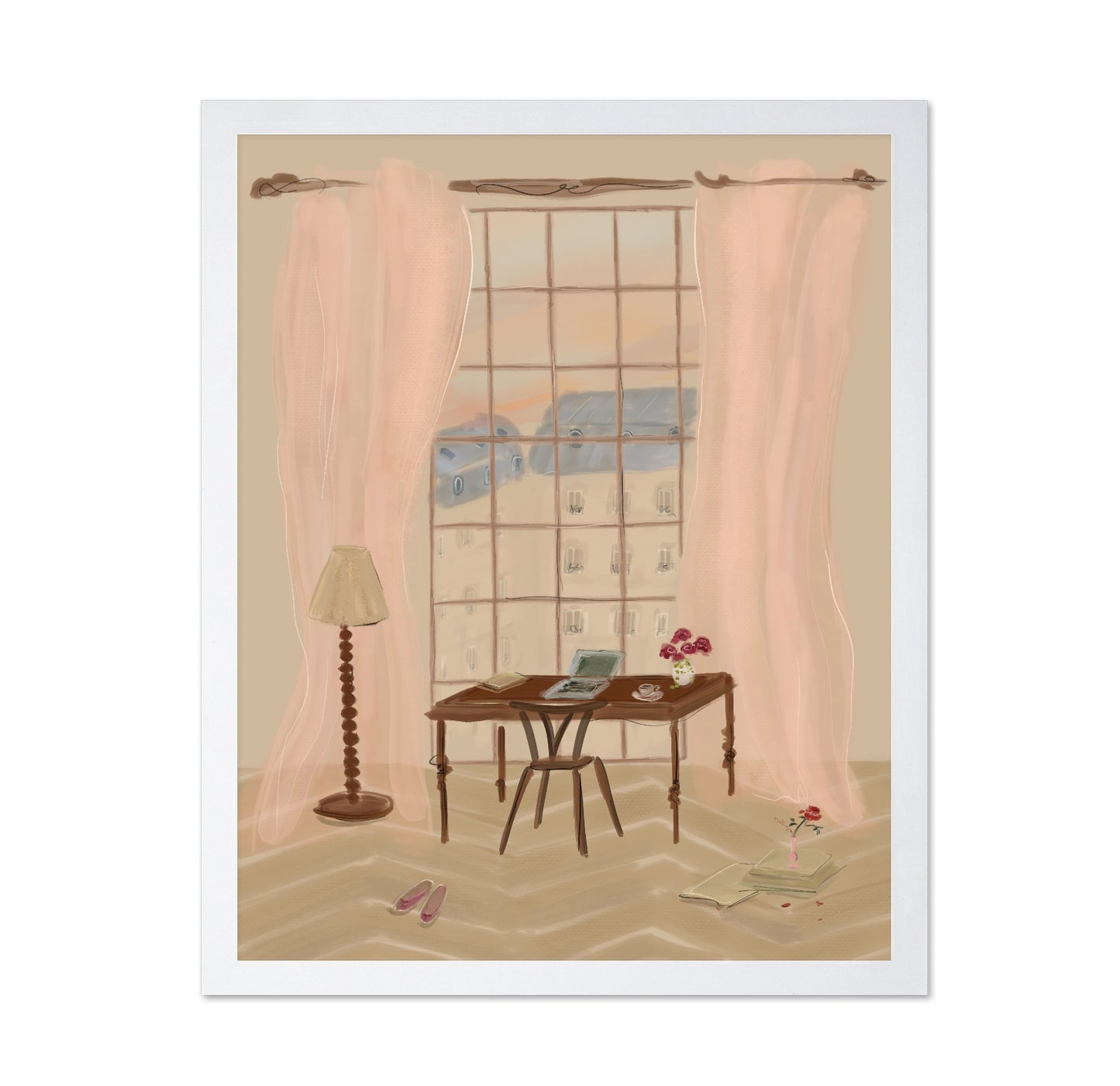 Paris Window View Illustration with Rustic Desk