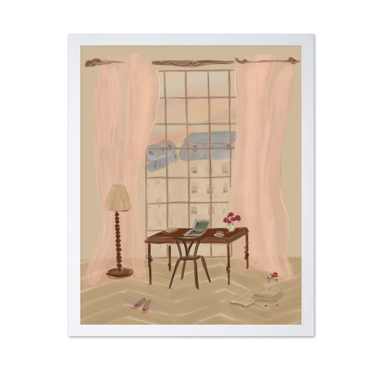 Paris Window View Illustration with Rustic Desk