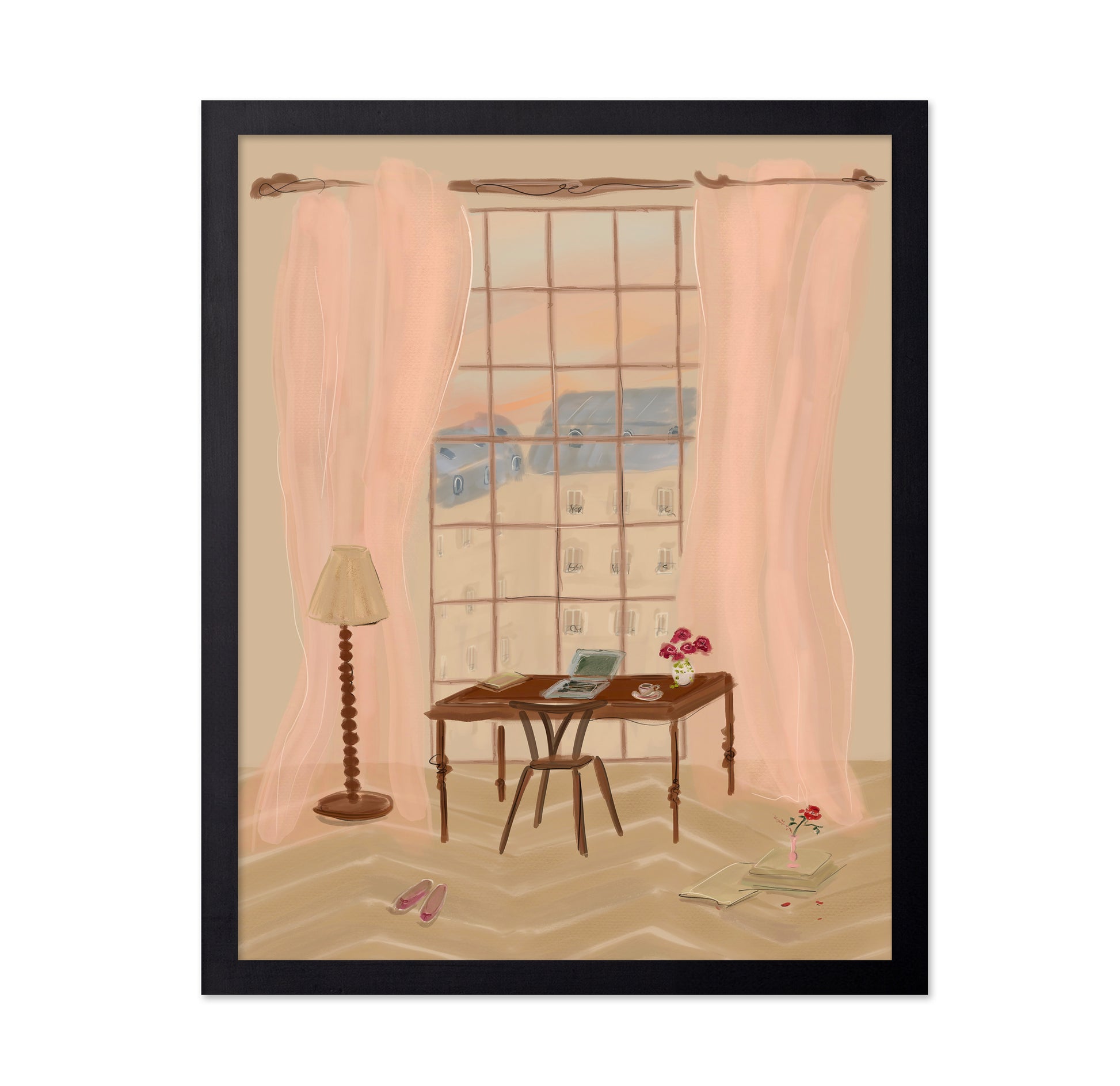 Paris Window View Illustration with Rustic Desk